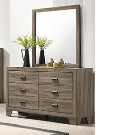 Gray dresser with mirror and six drawers