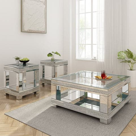 Mirrored coffee table set with side tables