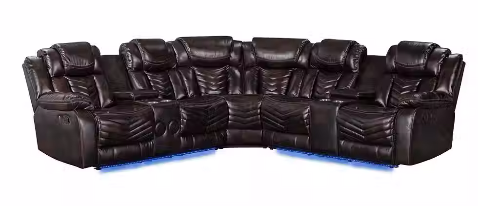 Black leather sectional sofa with blue LED lighting