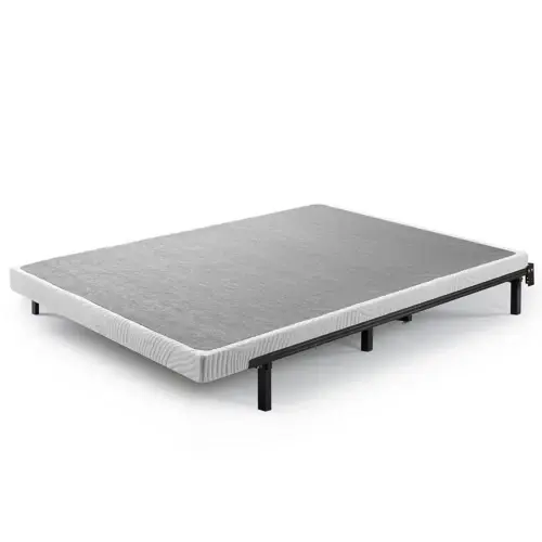 Gray metal bed frame with a fabric covering