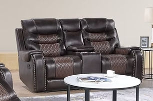 Brown leather reclining loveseat with center console