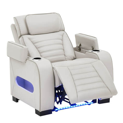 Off-white reclining chair with cup holders and blue LED lighting