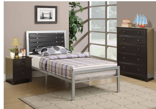 Silver metal twin bed frame, wood headboard