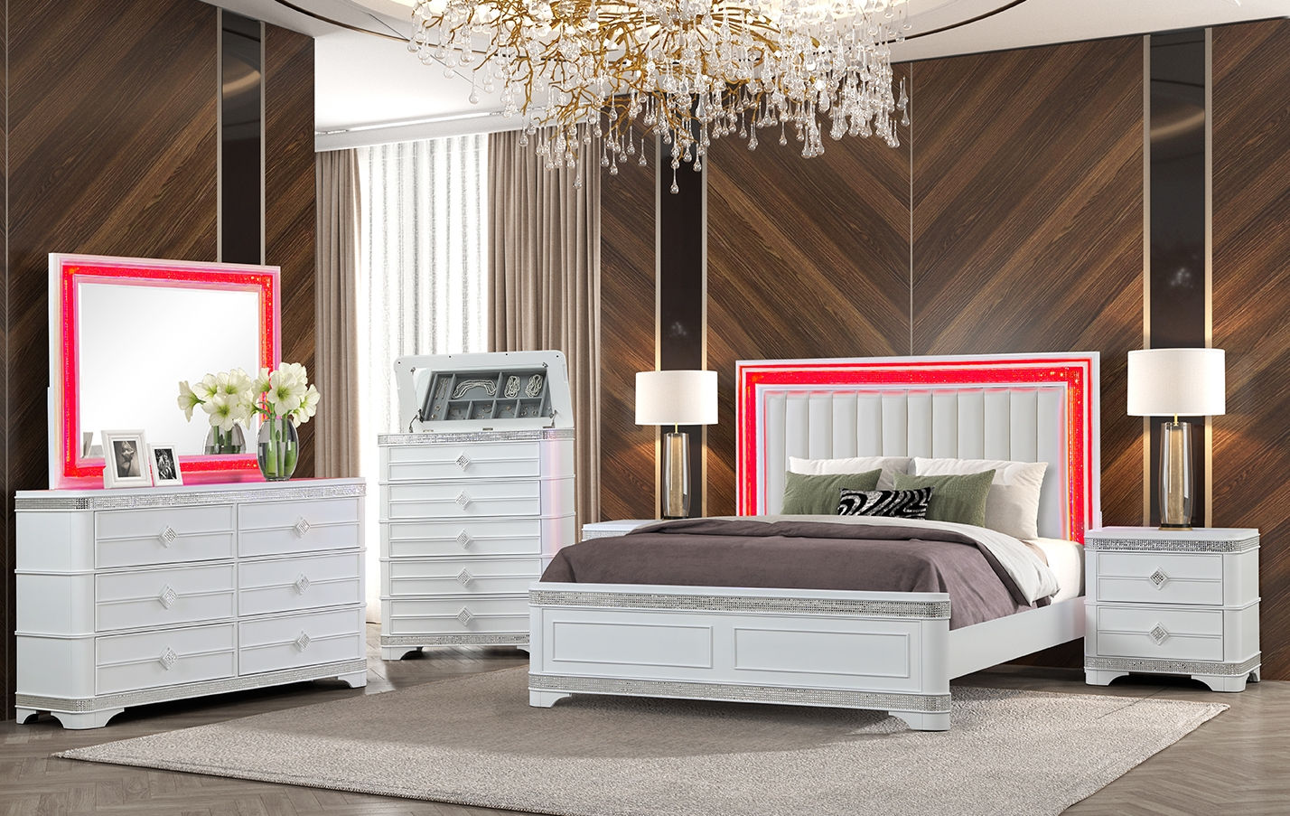 White bedroom furniture set with LED headboard