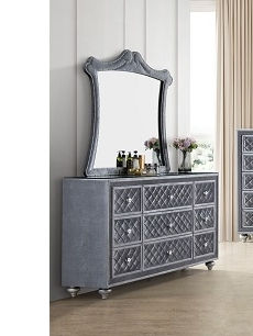 Gray velvet dresser with mirror and crystal detailing