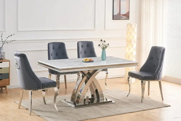 White marble dining table with six chairs
