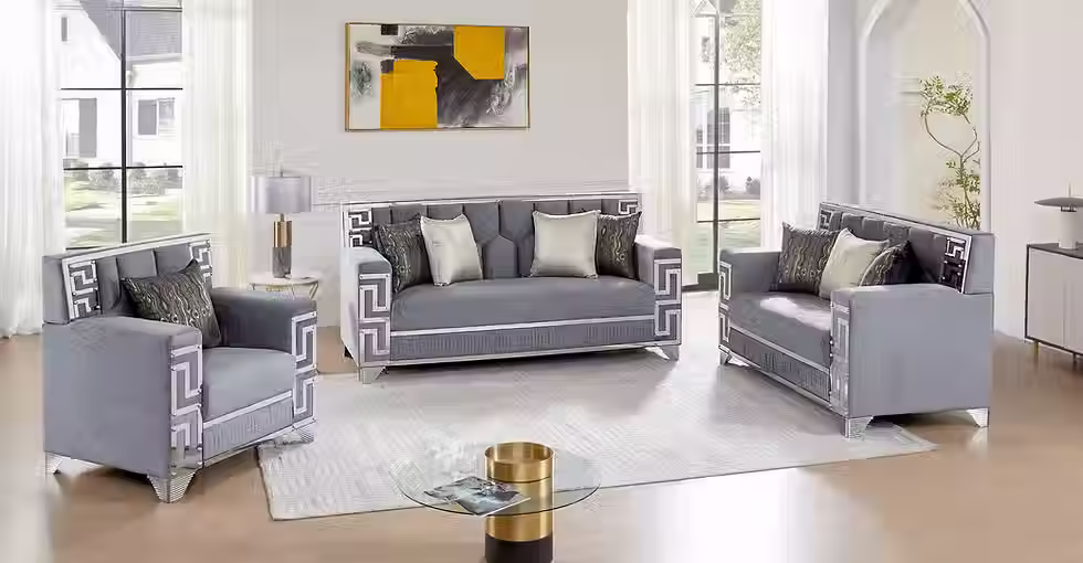 Grey sofa set with Greek key design