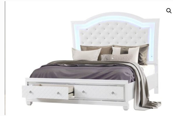 White upholstered bed with LED headboard