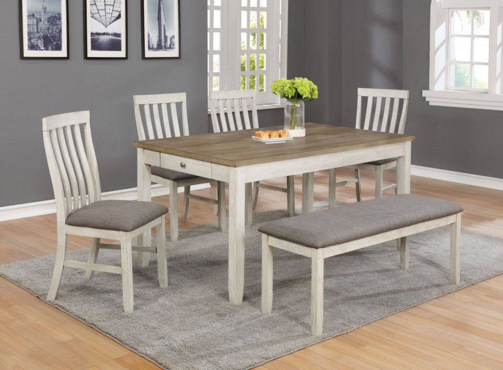 White dining table set with bench