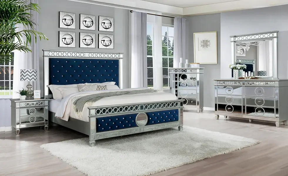 Blue velvet and silver mirrored bedroom set
