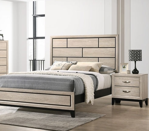 Modern bedroom set with light wood headboard and grey bedding