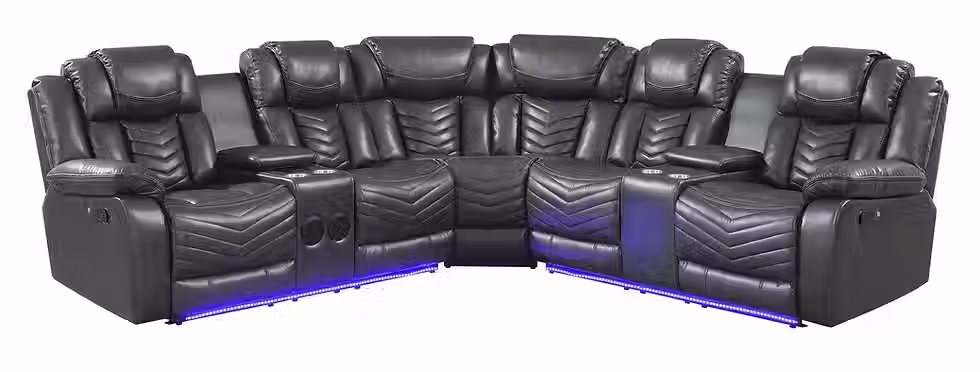 Black leather sectional sofa with LED lights