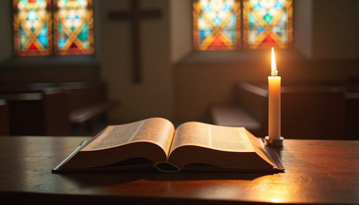 Eye-level view of a sunlit church altar with an open Bible and a single lit candle