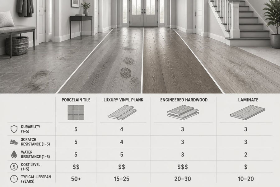 Wide-angle view of a busy residential hallway with multiple flooring samples installed side-by-side showing porcelain tile, luxury vinyl plank, engineered hardwood, and laminate with visible wear patterns and surface finishes under natural light