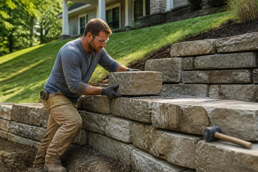 Landscaper placing a natural stone block for tiered hardscaping solutions on a sloped backyard lawn