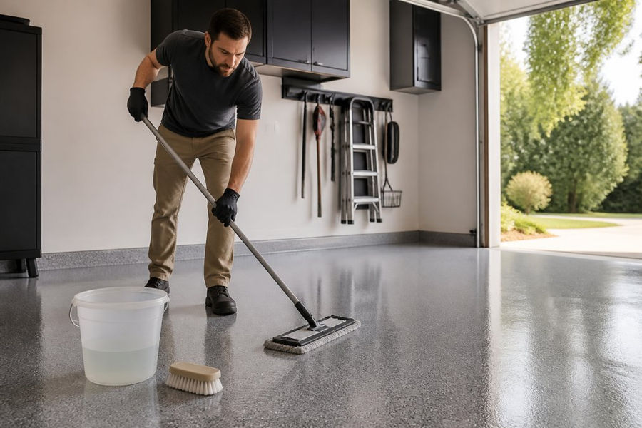 A person in casual work clothes using a microfiber mop on a glossy gray epoxy garage floor, with a bucket of diluted cleaner and a soft nylon brush nearby, natural daylight from an open garage door