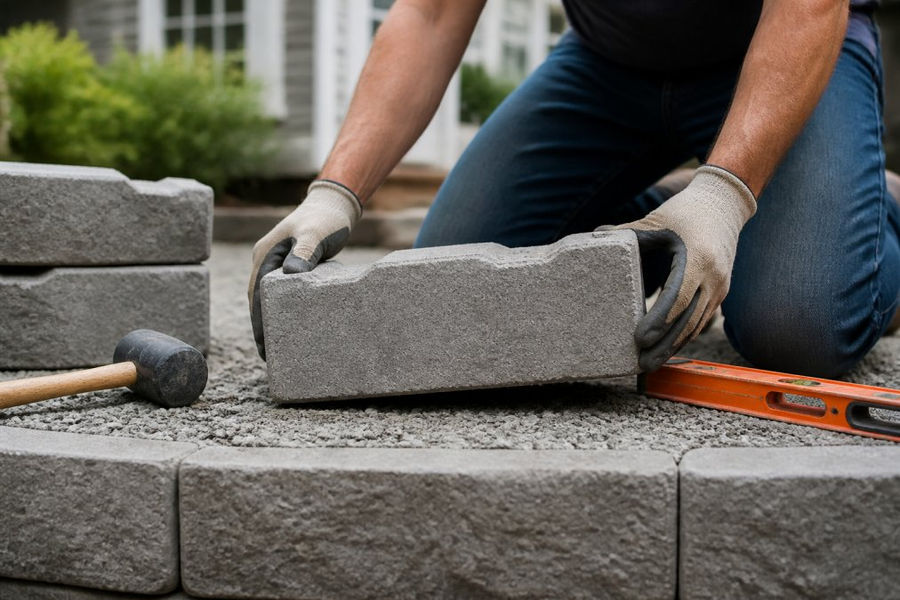 Landscaper placing a concrete block for a project that impacts retaining wall cost