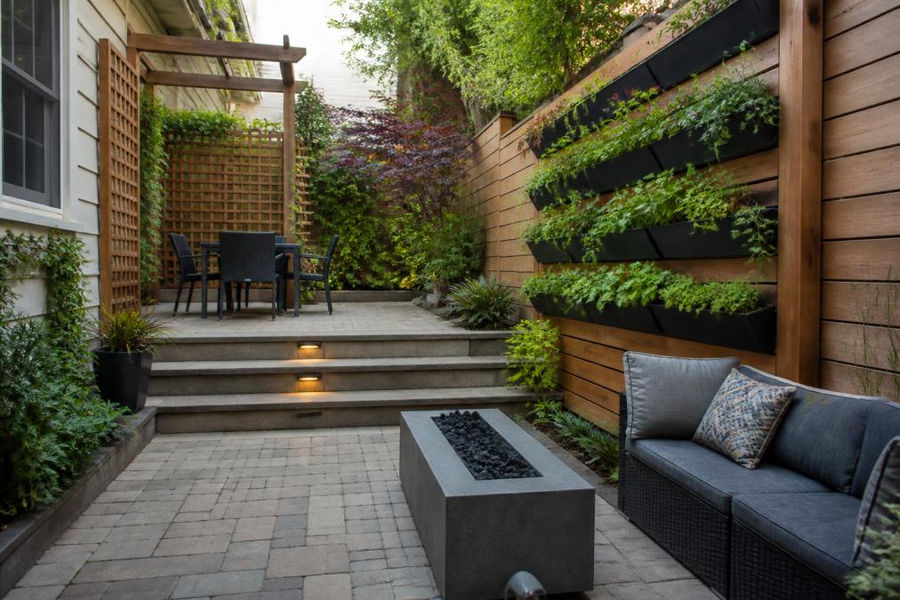 Compact residential backyard with vertical green wall planter system, climbing vines on wooden trellis, and small patio area with multi-level hardscaping creating distinct functional zones