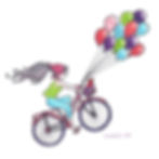 A girl on a bicycle floating with balloons