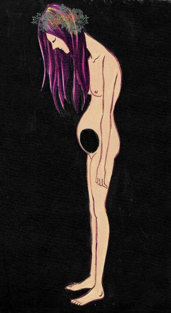 A watercolor painting of a naked woman with long hair and a hole in her belly symbolizing cancer of the uterus.