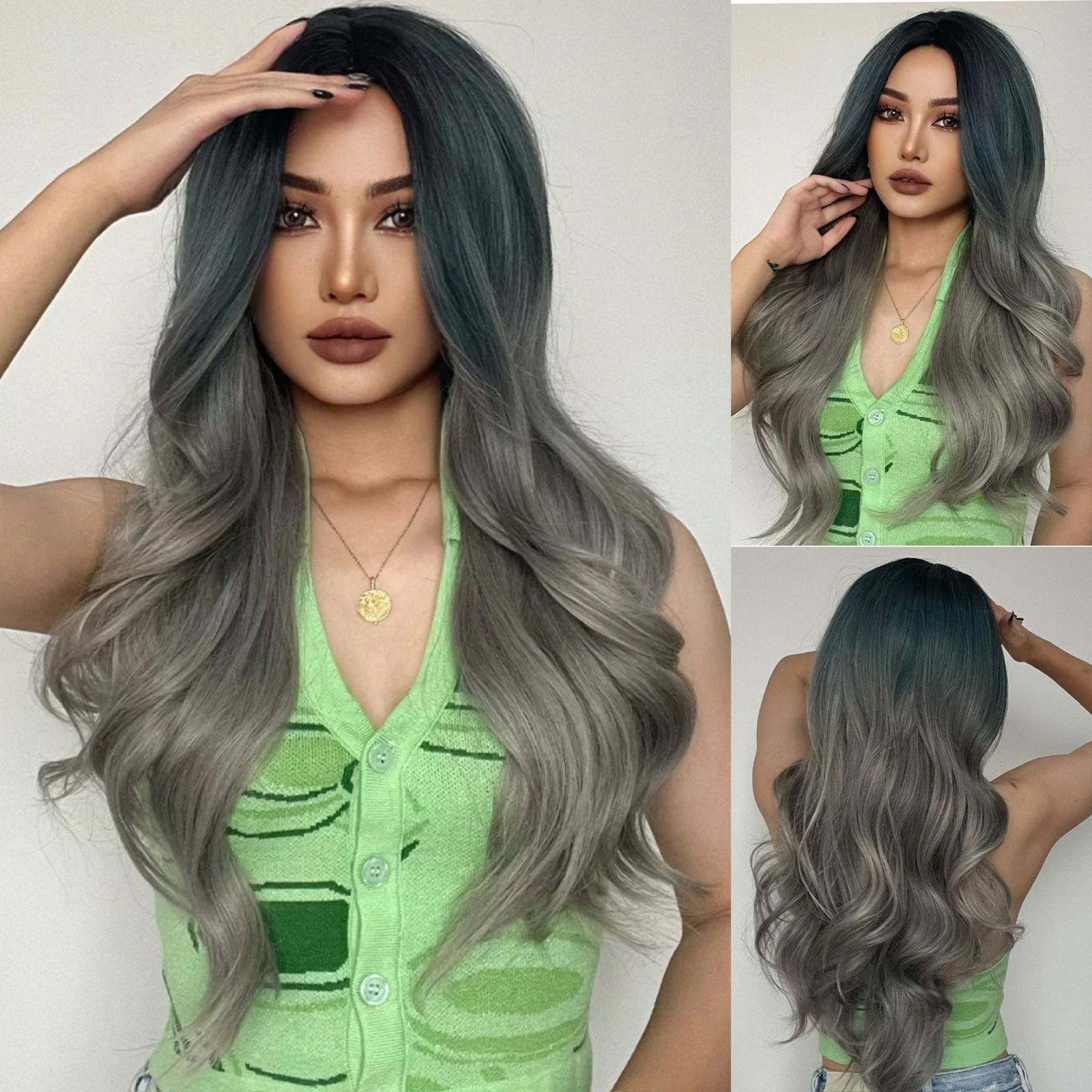 Peluca verde grisácea larga ondulada