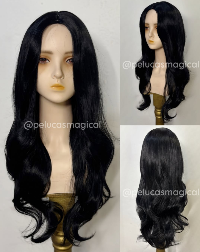 Peluca negra rizada ondas fleco lateral
