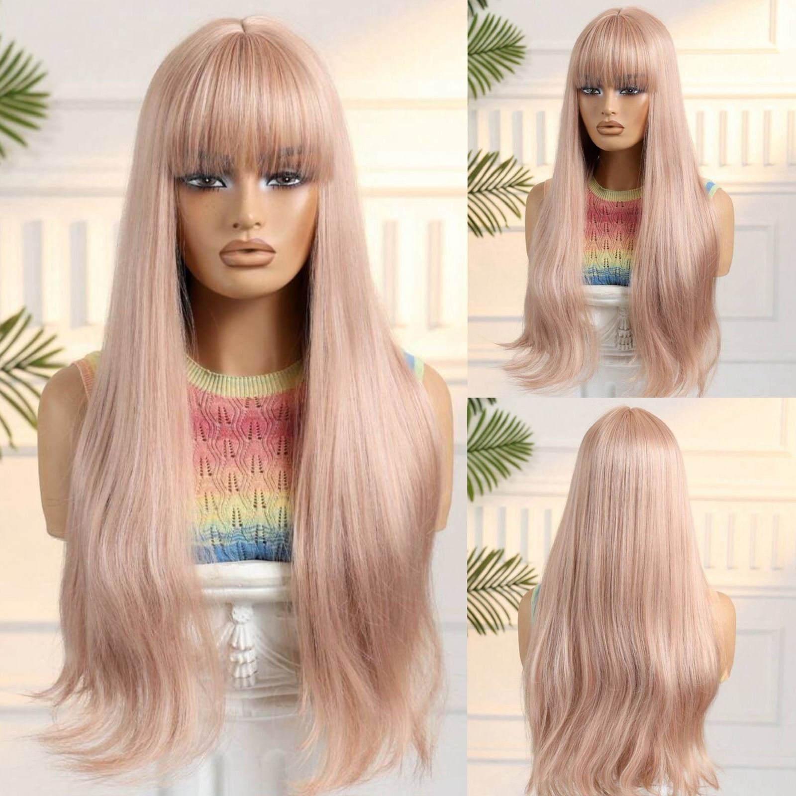 Peluca rosa pálido ondulada larga