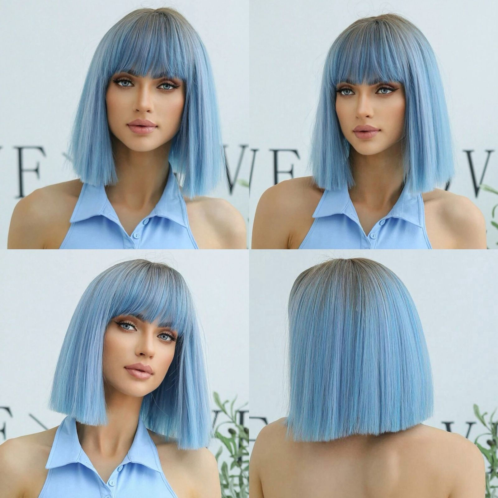 Peluca azul raíz ceniza corta