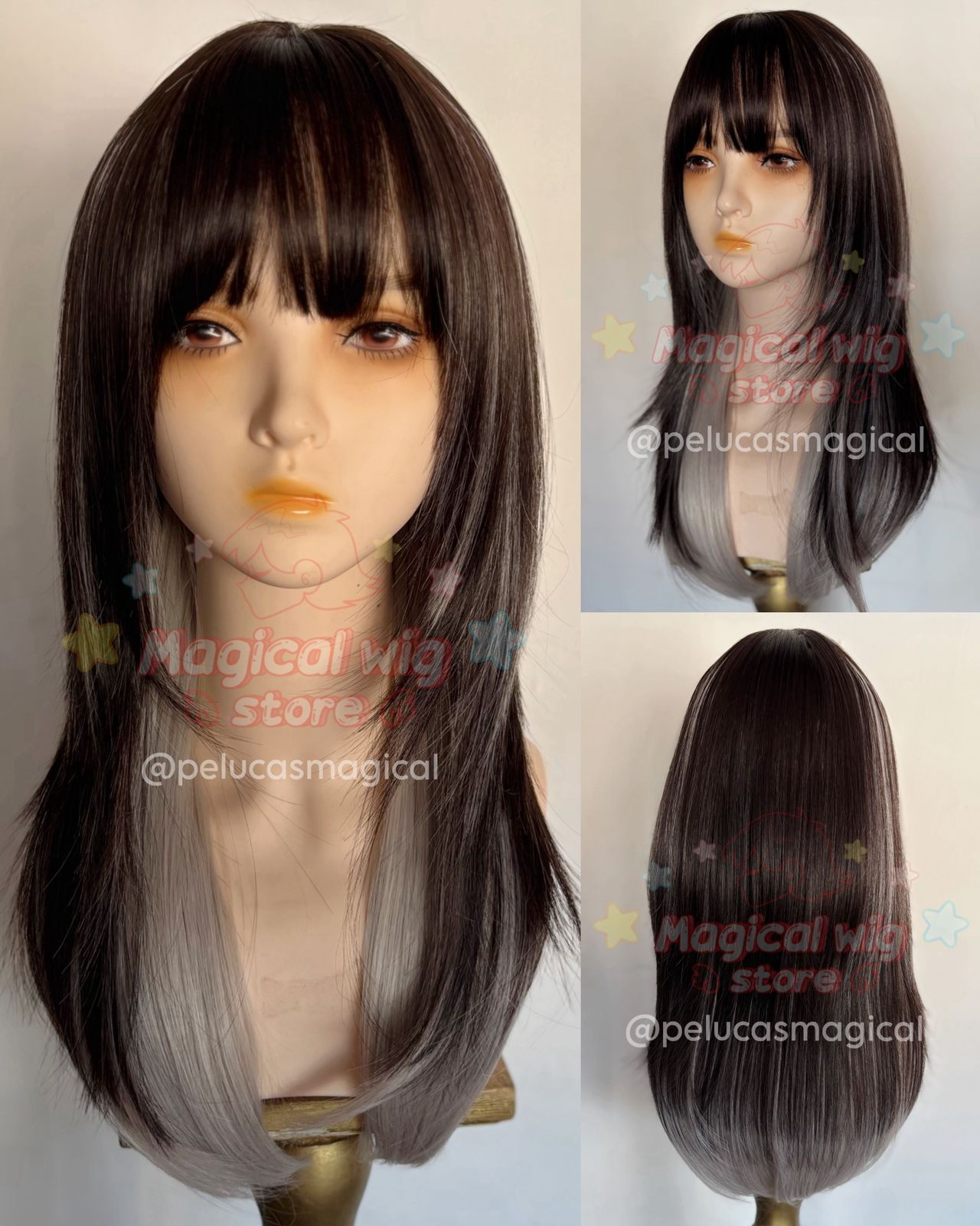 Peluca marrón oscuro / negro con gris lacio en capas