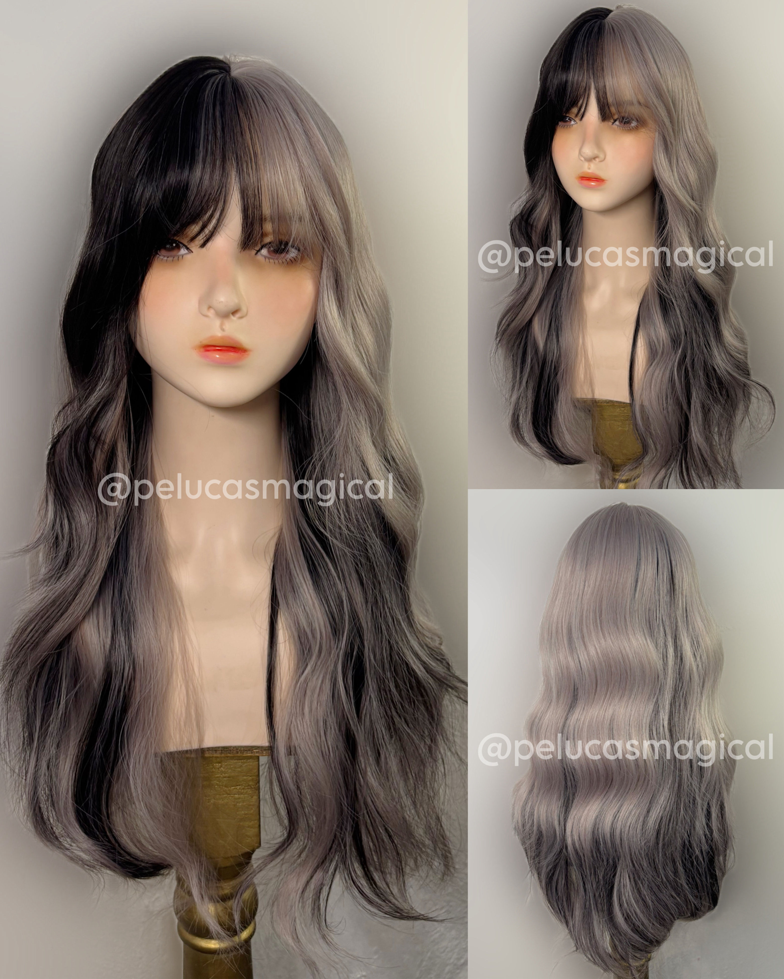 Peluca gris beige con negro ondulada larga