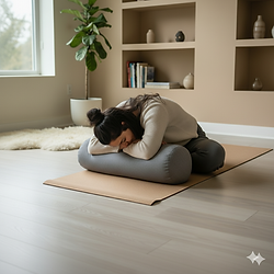 Woman in Yin Yoga pose with bolster at Yoga With Kyneret