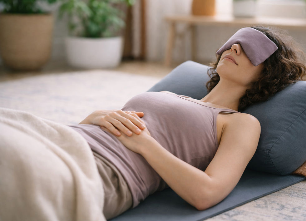 A woman in a lavender top relaxes on a blue cushion, wearing an eye mask. The room has soft lighting and potted plants, creating a calm vibe.