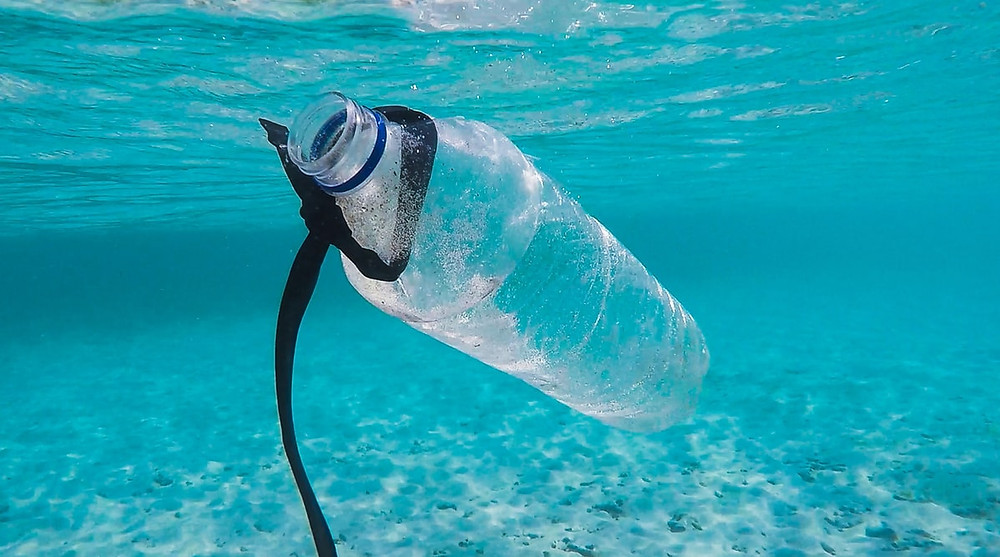single-use plastic bottle floating in blue ocean water