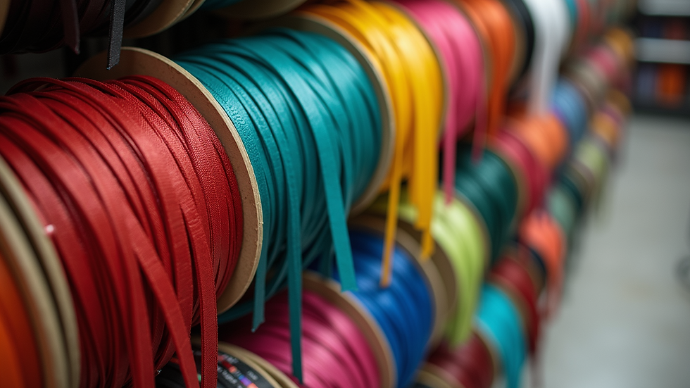 High angle view of a colorful webbing selection displayed in a store
