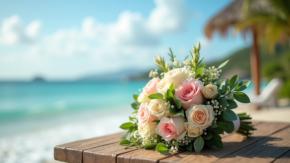 Close-up view of a wedding bouquet resting on a wooden table with ocean in the background