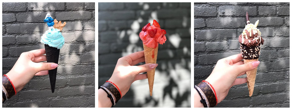 collage blauw smurfen ijs roze aardbeien ijs bruin chocolade ijs