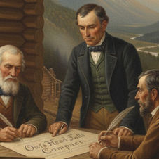 Men signing the Owl's Head Falls Compact, a historic agreement in the mountains.
