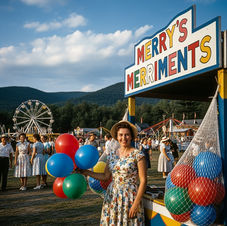 Woman smiling, holding balloons, with Merry's Merriments sign at festival