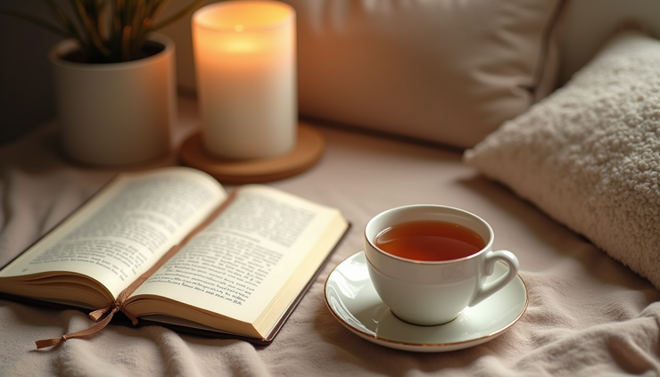 High angle view of a cozy corner with a cup of tea and a fertility journal