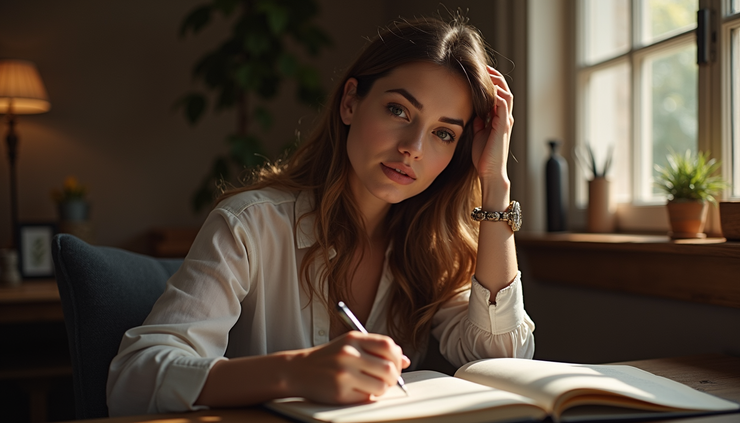 High angle view of a woman journaling in a cozy space with soft natural light