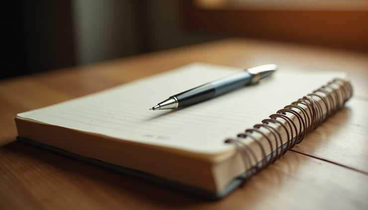 Close-up view of a journal and pen on a wooden table, symbolizing personal reflection and healing