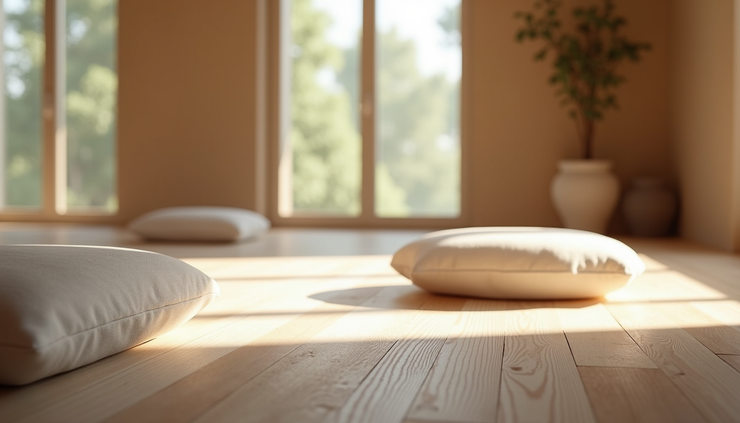 Eye-level view of a peaceful meditation space with cushions and soft natural light