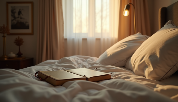 High angle view of a cozy bedroom with soft lighting and a journal on the bedside table