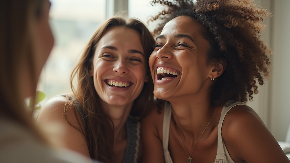 Eye-level view of two friends laughing together