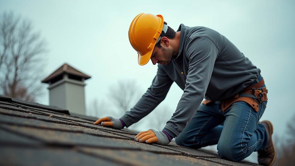 Eye-level view of a roofing contractor inspecting a roof