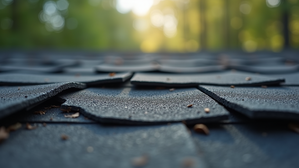 Close-up view of damaged asphalt shingles