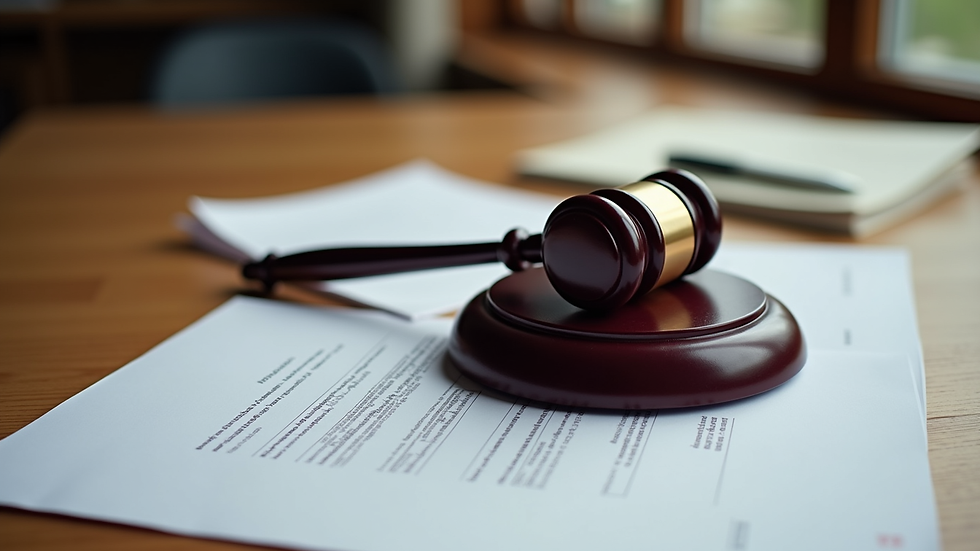 Close-up view of legal documents and a gavel on a wooden desk