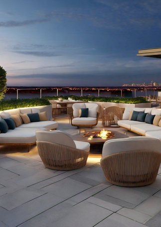 The terrace offers a perfect space for enjoying outdoor living. Modern furniture in white and beige tones provides a comfortable and stylish seating area. Green plants and metal accessories complement the terrace's natural and elegant look. Bespoke lighting creates a pleasant atmosphere in the evenings.