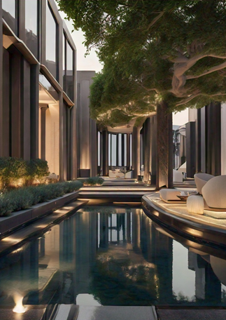 The garden area offers a natural and luxurious living space. Green plants and custom landscaping give the garden an elegant look. Modern outdoor furniture in white and beige tones provides a comfortable seating area. Lighting and metal accessories complete the garden.