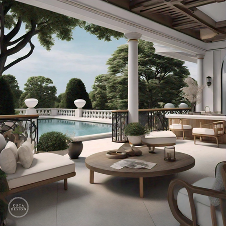 The outdoor terrace is designed as a continuation of the indoor living spaces, providing a seamless transition between the interior and exterior. With comfortable seating, a dining area, and views of the landscaped garden and pool, the terrace is perfect for entertaining guests or enjoying a quiet moment outdoors.